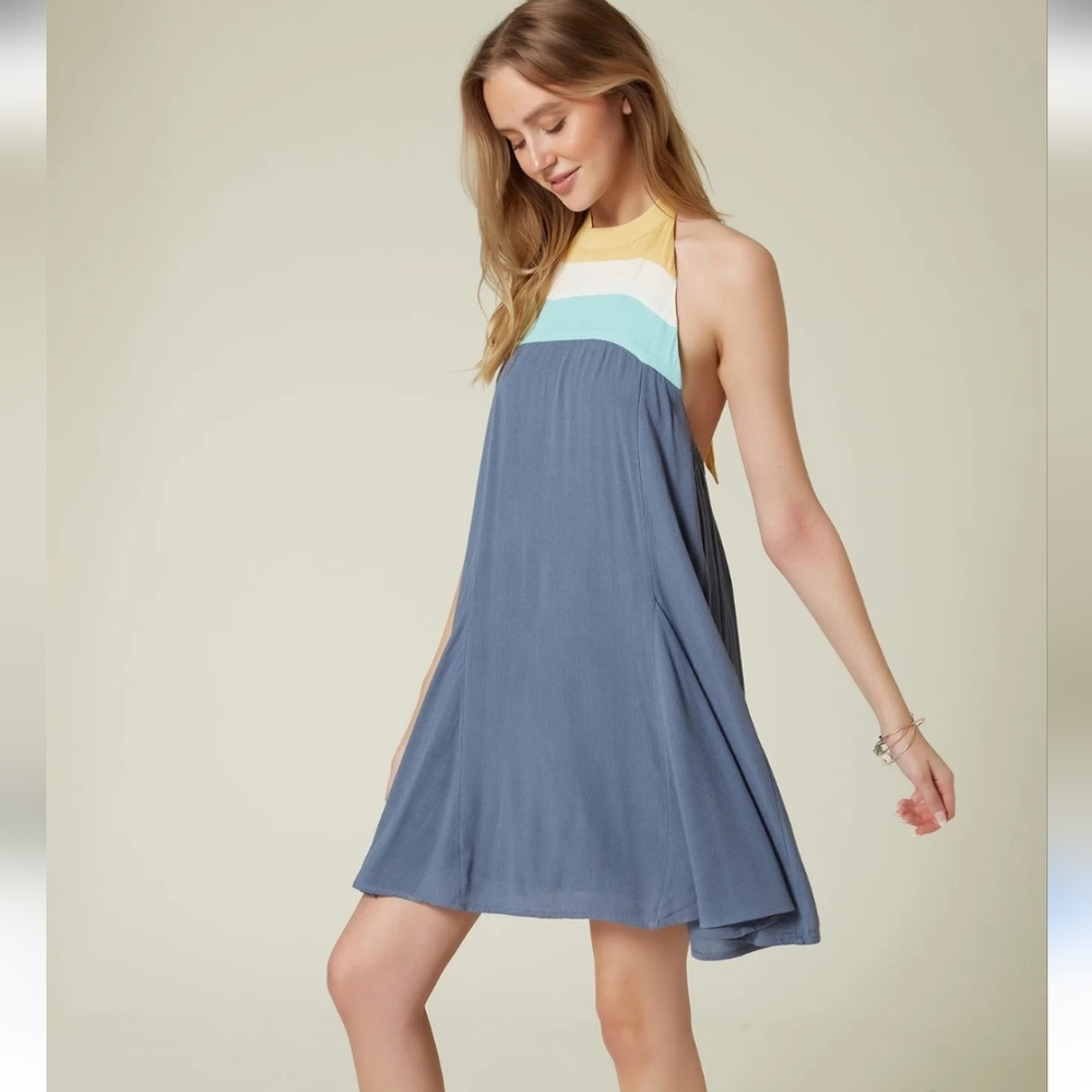 O'Neill Blue Tie Neck Open Back Summer Beach Coastal Swim Mini Dress Size XS